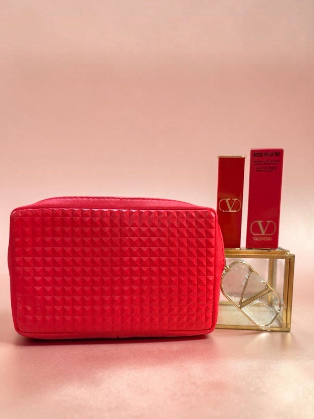 Valentino Beauty Neon Coral Makeup Pouch + Rosso Valentino Matte Lipstick Bundle